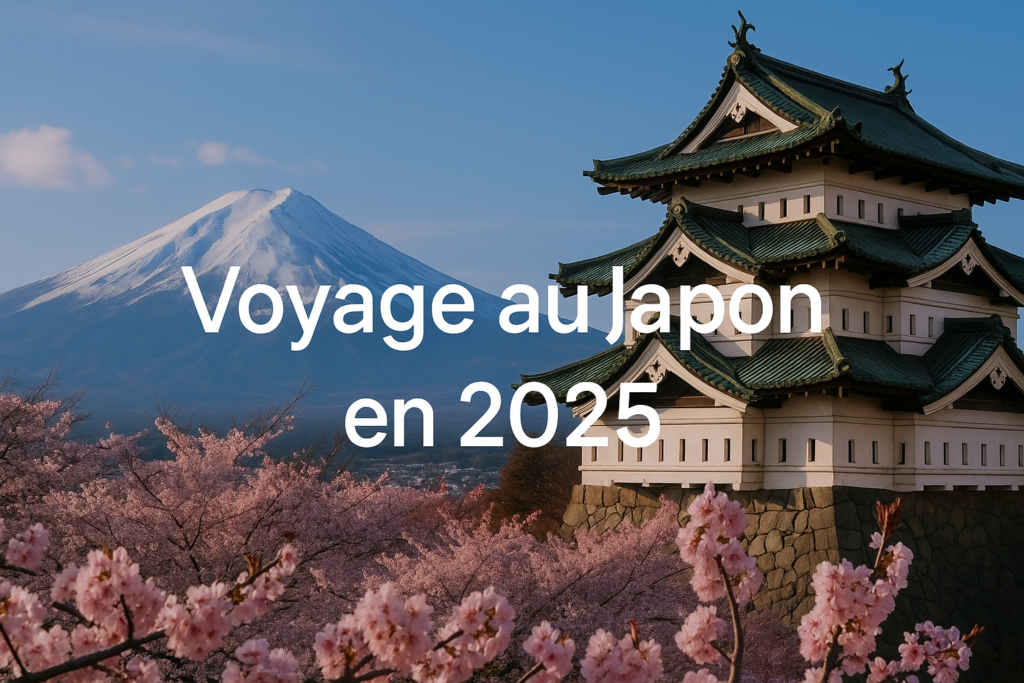 Voyage au Japon en 2025 – château japonais, cerisiers en fleurs et Mont Fuji en arrière-plan