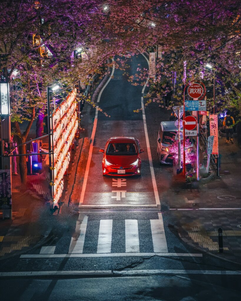 Accueil 6 Conduire au Japon en voiture de nuit — rue de Tokyo avec cerisiers en fleurs sakura