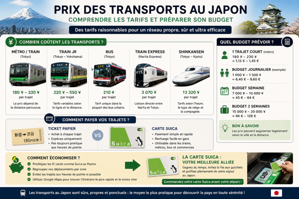 Transport au Japon : Guide complet 2026 (prix, cartes, pass) 2 prix transport japon metro train bus shinkansen budget voyage japon