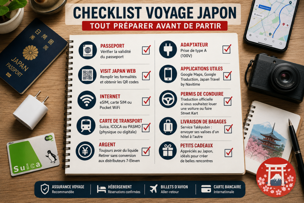Accueil 1 Checklist voyage Japon complète : tout préparer avant de partir au Japon (Visit Japan Web, Suica, eSIM, permis de conduire et argent liquide)