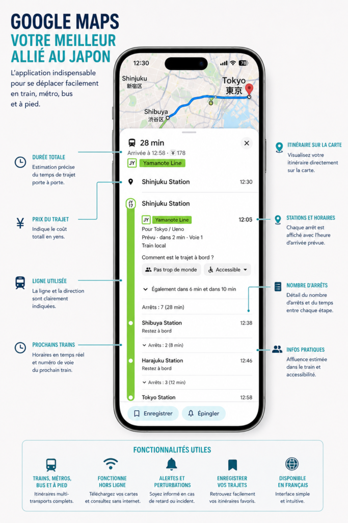 Checklist voyage Japon : les 10 indispensables à préparer avant de partir 3 Google Maps Japon pour se déplacer en train, métro et bus avec horaires, itinéraires et prix des transports